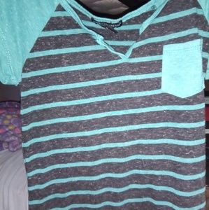 Grey And Blue Striped V Neck